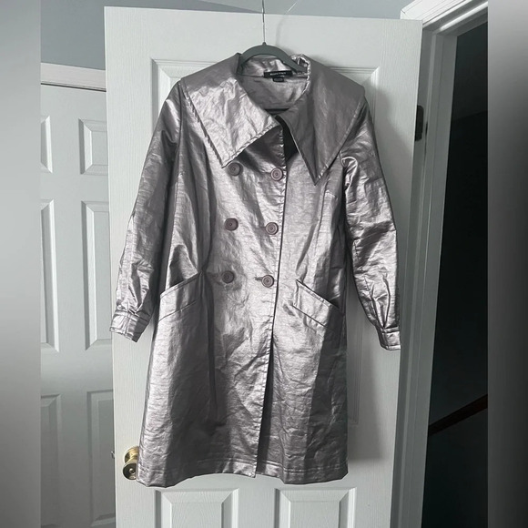 Ellen Tracy Opal Lavender Silver Metallic Trench Coat Size 10 - Picture 1 of 8